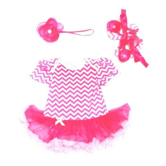 Pink Chevron 3-Piece Baby Girl Set (0-3 Months) - Dress, Shoes and Headband - MARIGOLD 
