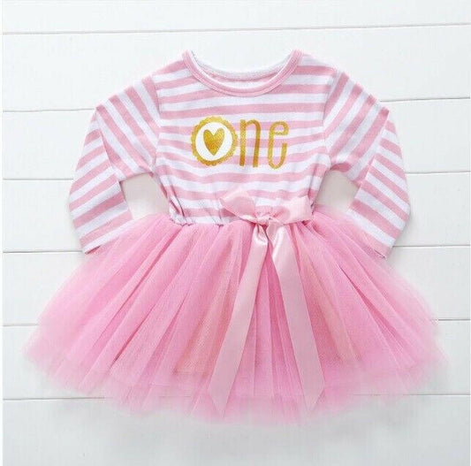 size 1 year toddler girls dress pink & white striped 'one heart' tulle dress - MARIGOLD 