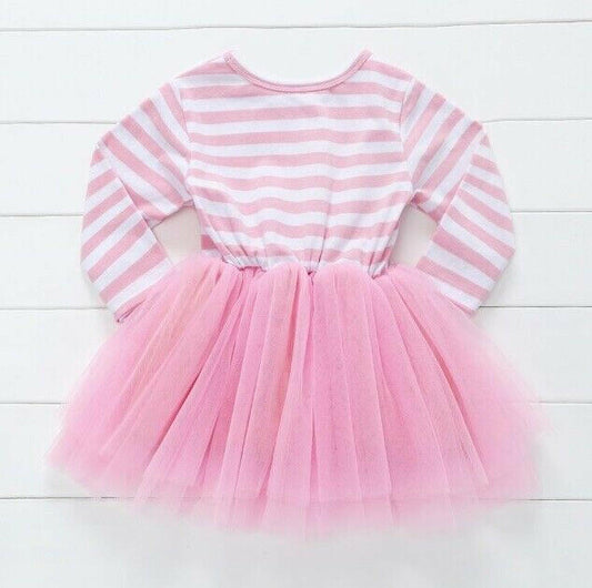 size 1 year toddler girls dress pink & white striped 'one heart' tulle dress - MARIGOLD 