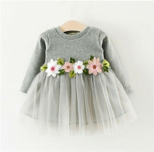 size 12-18 months new girls dress grey long sleeve flower waist tulle dress - MARIGOLD 