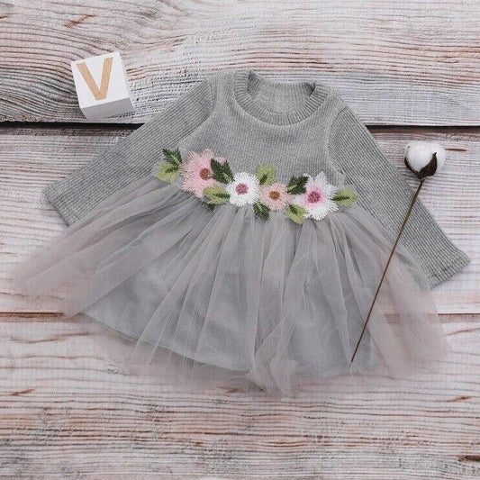 size 12-18 months new girls dress grey long sleeve flower waist tulle dress - MARIGOLD 