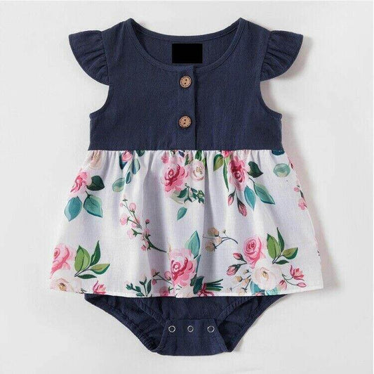 size 12-18 months new toddler girls dress navy blue flutter sleeve floral dress - MARIGOLD 