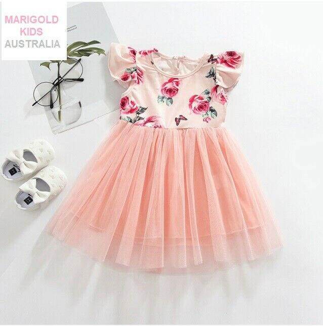 size 18-24 months new girls dress pink rose flutter sleeve tulle girls dress - MARIGOLD 