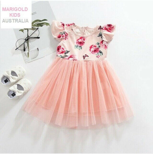 size 18-24 months new girls dress pink rose flutter sleeve tulle girls dress - MARIGOLD 