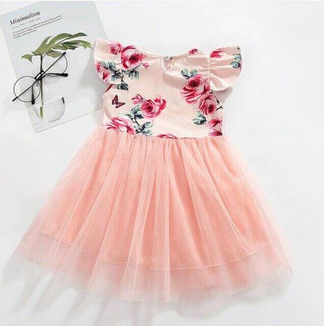 size 18-24 months new girls dress pink rose flutter sleeve tulle girls dress - MARIGOLD 
