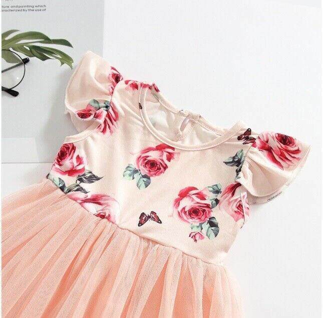 size 18-24 months new girls dress pink rose flutter sleeve tulle girls dress - MARIGOLD 