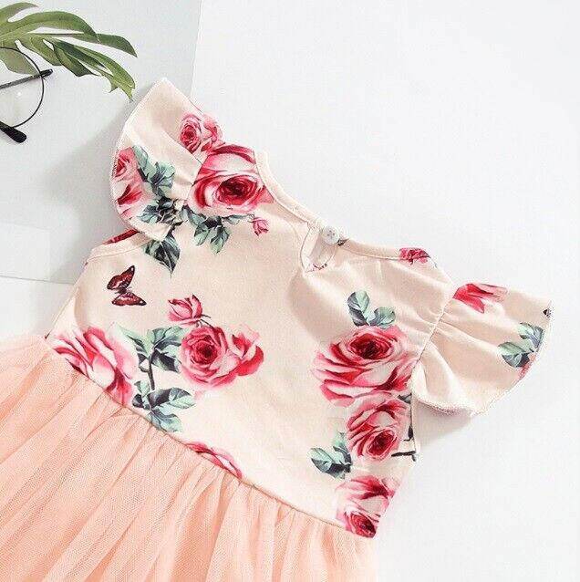 size 18-24 months new girls dress pink rose flutter sleeve tulle girls dress - MARIGOLD 