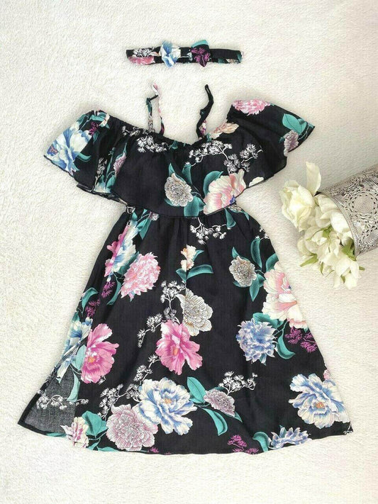 size 2 years new girls dress black floral flounce girls dress & headband set - MARIGOLD 