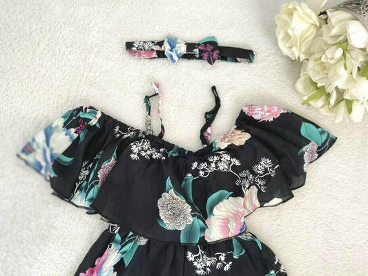 size 2 years new girls dress black floral flounce girls dress & headband set - MARIGOLD 