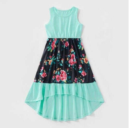 size 2 years new toddler girls dress green floral ruffle high low girls dress - MARIGOLD 
