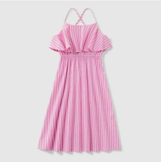 size 2 years new toddler girls dress pink stripe ruffle cotton girls dress - MARIGOLD 