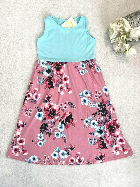 Size 3-4 Years Girls Dress New Sky Blue & Pink Floral Girls Dress with Pockets - MARIGOLD 