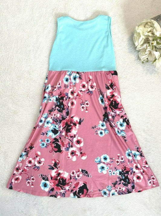 Size 3-4 Years Girls Dress New Sky Blue & Pink Floral Girls Dress with Pockets - MARIGOLD 