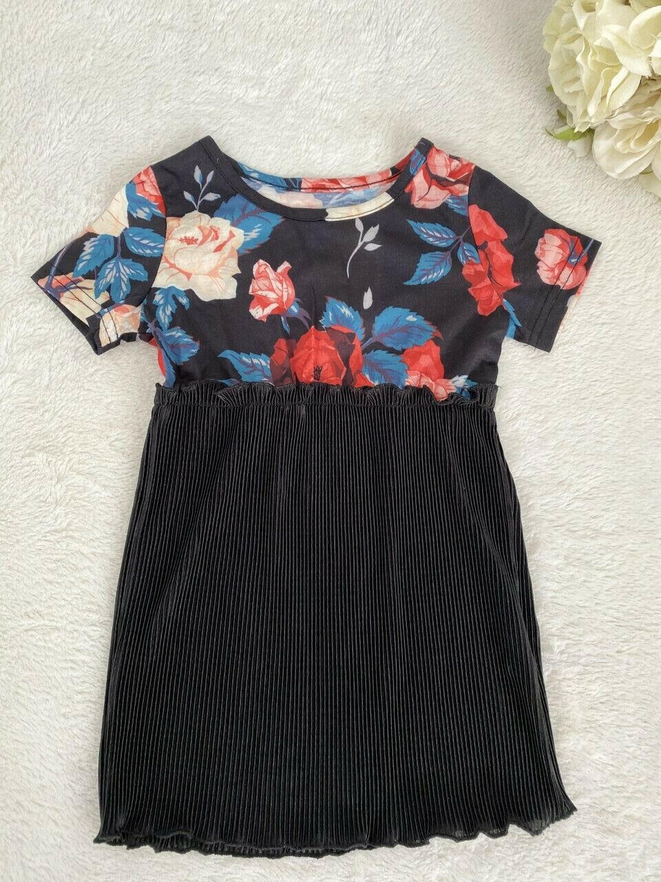 size 3-4 years new girls dress lovely rose flowers black pleat girls dress - MARIGOLD 