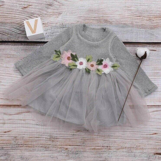 size 3-6 months new baby girls dress grey long sleeve flower tulle dress - MARIGOLD 