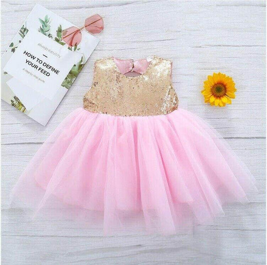 Size 4-5 Years Girls Dress New Sparkly Gold Sequin Pink Tulle Girls Dress - MARIGOLD 
