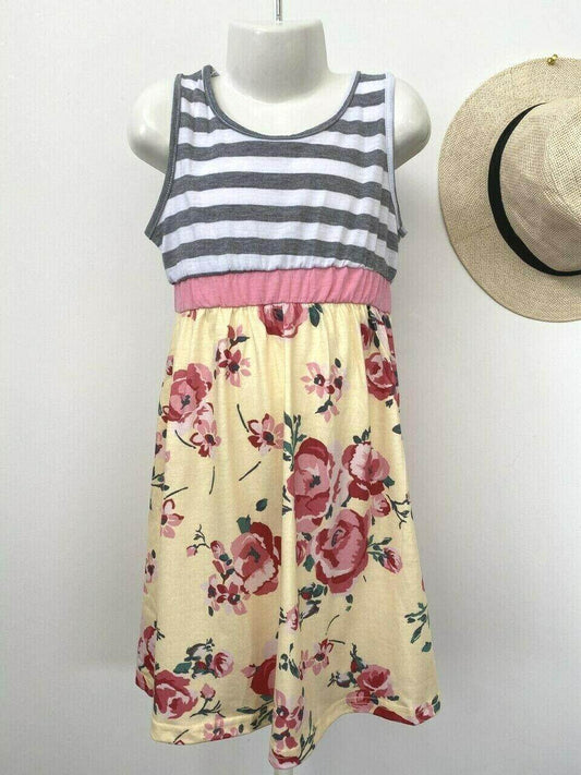 size 4-5 years new girls dress grey stripe bodice yellow & pink floral dress - MARIGOLD 