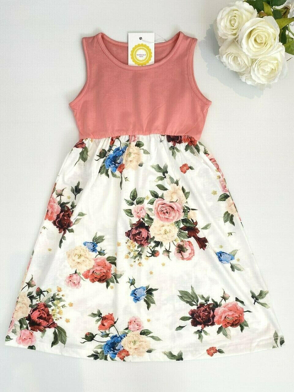 Pink & White Floral Long Girls Dress 1