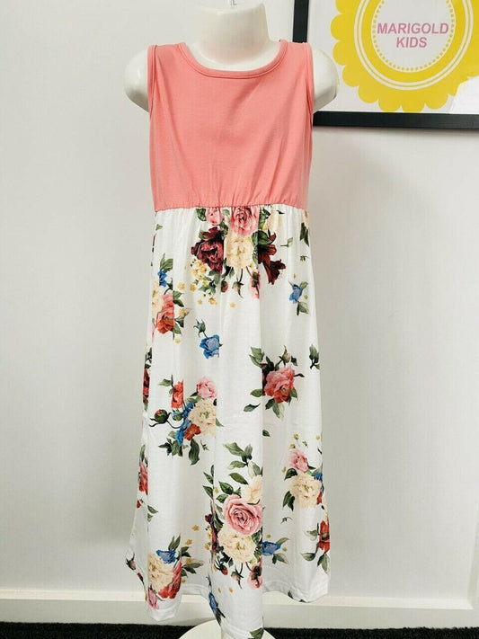 Pink & White Floral Long Girls Dress 2