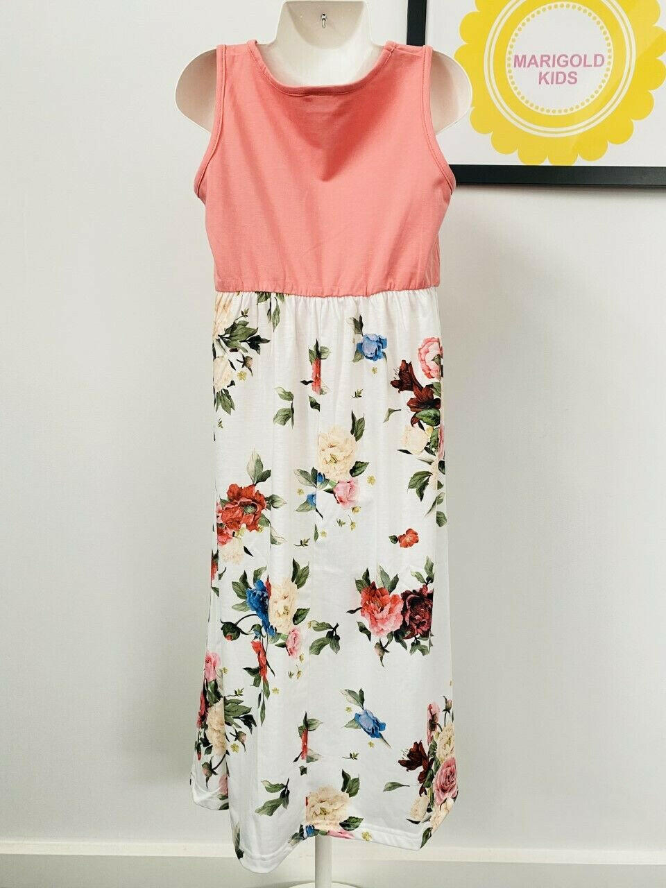 Pink & White Floral Long Girls Dress 4