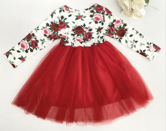 Girls' Red Rose Print Tulle Dress - Special Occasion - MARIGOLD 