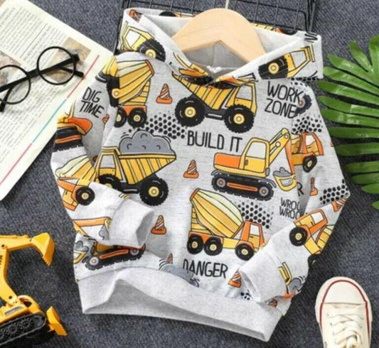 Boys Hoodie Top New Boys' Light Grey Construction Vehicle Print Hoodie Top - MARIGOLD 