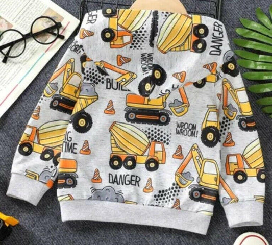 Boys Hoodie Top New Boys' Light Grey Construction Vehicle Print Hoodie Top - MARIGOLD 