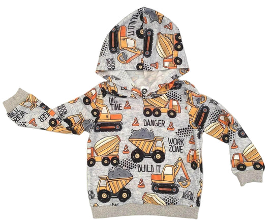 Boys Hoodie Top New Boys' Light Grey Construction Vehicle Print Hoodie Top - MARIGOLD 