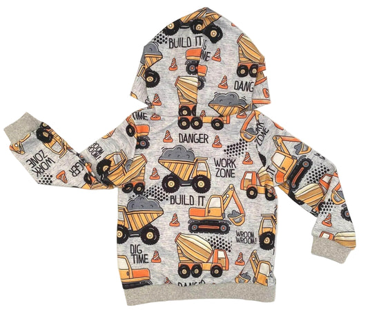 Boys Hoodie Top New Boys' Light Grey Construction Vehicle Print Hoodie Top - MARIGOLD 