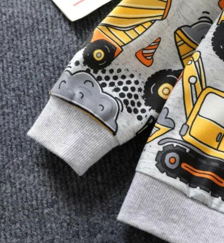 Boys Hoodie Top New Boys' Light Grey Construction Vehicle Print Hoodie Top - MARIGOLD 