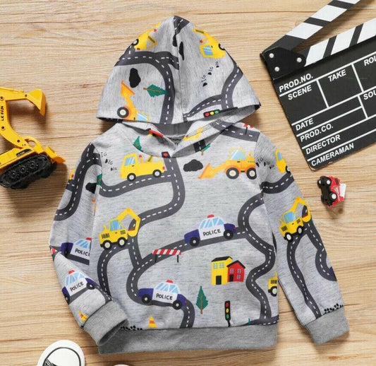 Boys Light Grey Road Vehicle Print Hoodie Top - MARIGOLD 