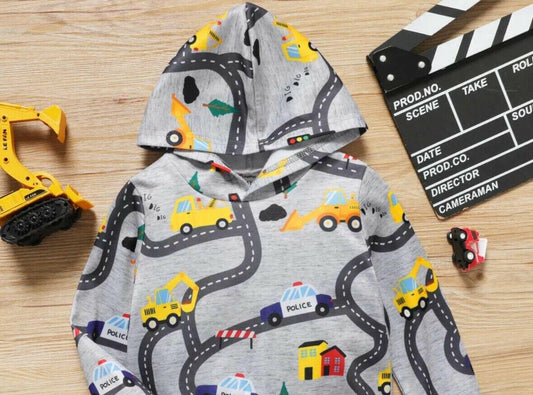 Boys Light Grey Road Vehicle Print Hoodie Top - MARIGOLD 