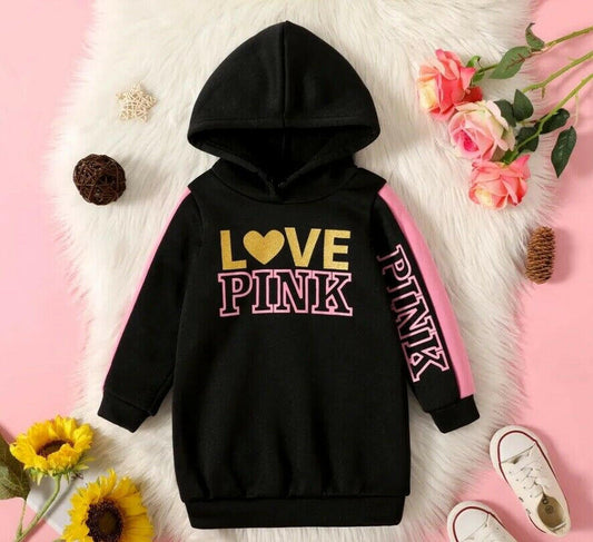 Girls Hoodie: Black, Pink, Gold "Love" Long Hoodie Top - MARIGOLD 