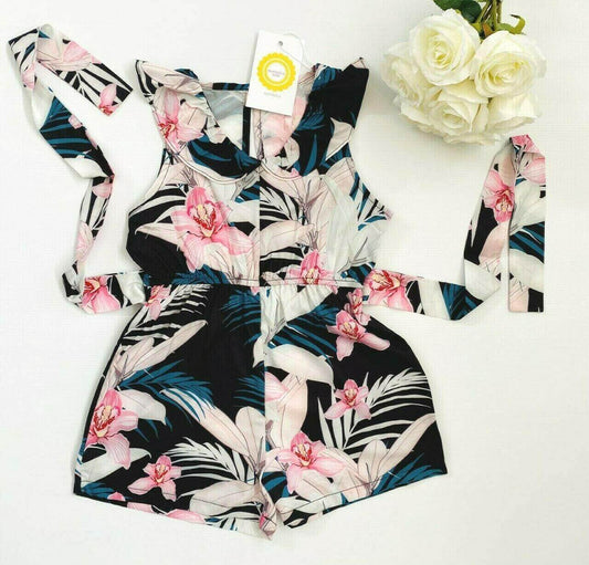 size 3/4/6/8 years new girls playsuit pink lily black belted playsuit/romper - MARIGOLD 
