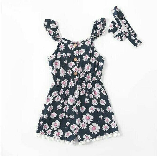 size 3/4/6/8y girls navy blue white pink floral pom pom playsuit & headband set - MARIGOLD 
