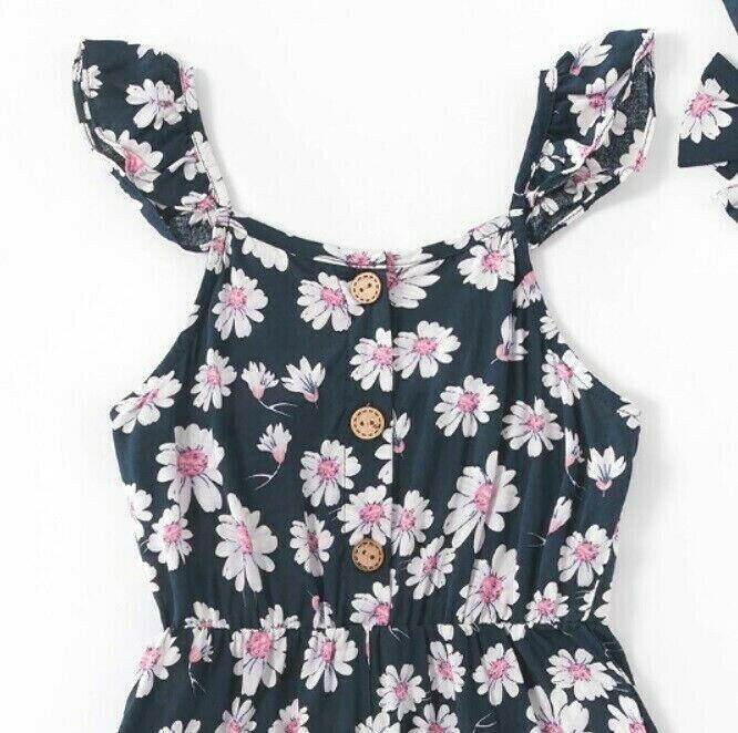 size 3/4/6/8y girls navy blue white pink floral pom pom playsuit & headband set - MARIGOLD 
