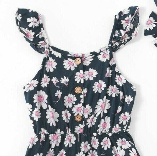 size 3/4/6/8y girls navy blue white pink floral pom pom playsuit & headband set - MARIGOLD 