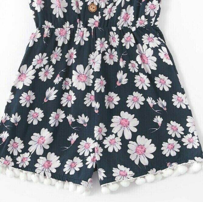 size 3/4/6/8y girls navy blue white pink floral pom pom playsuit & headband set - MARIGOLD 