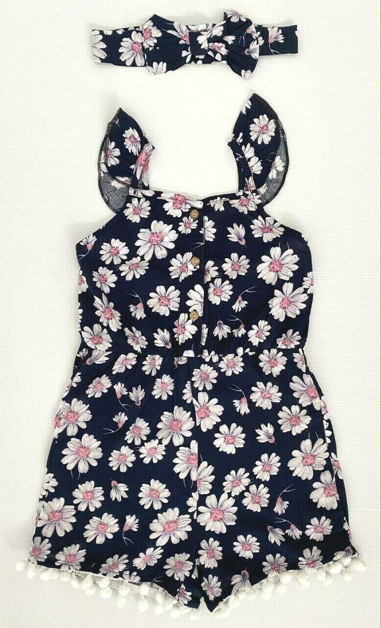 size 3/4/6/8y girls navy blue white pink floral pom pom playsuit & headband set - MARIGOLD 