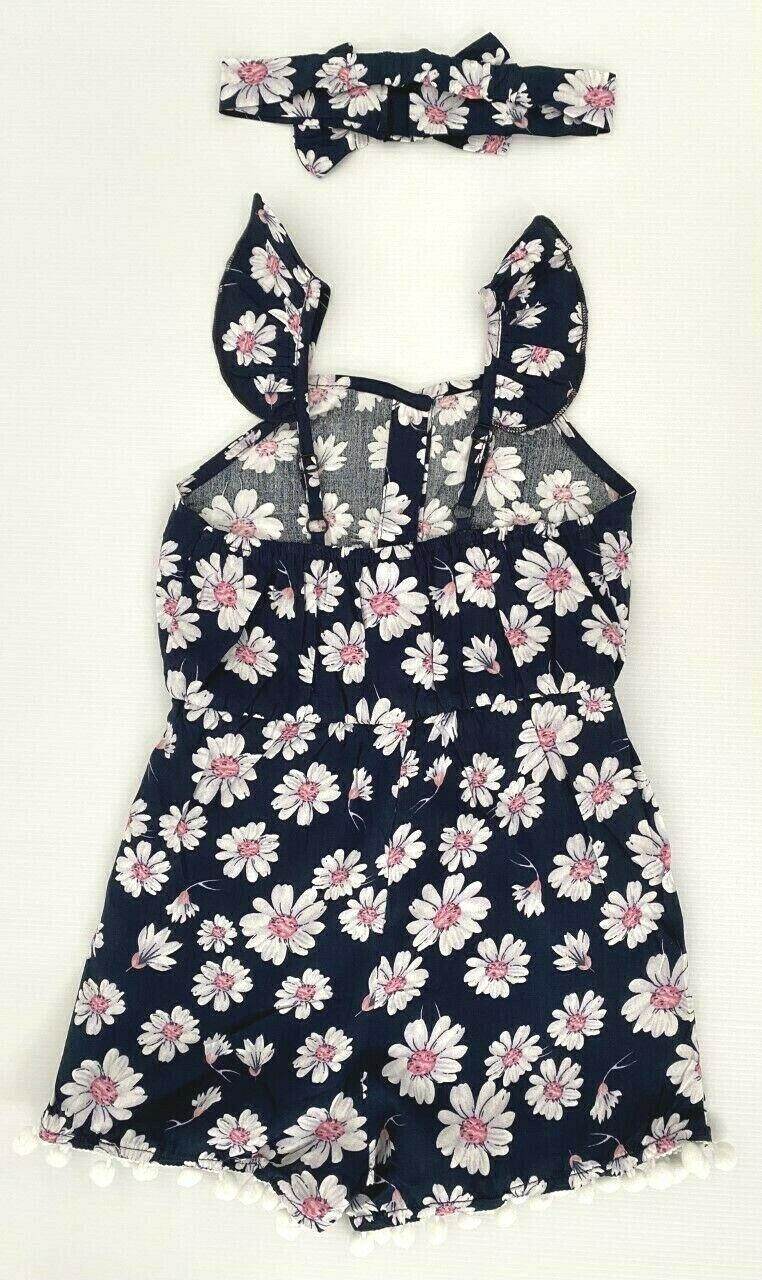 size 3/4/6/8y girls navy blue white pink floral pom pom playsuit & headband set - MARIGOLD 