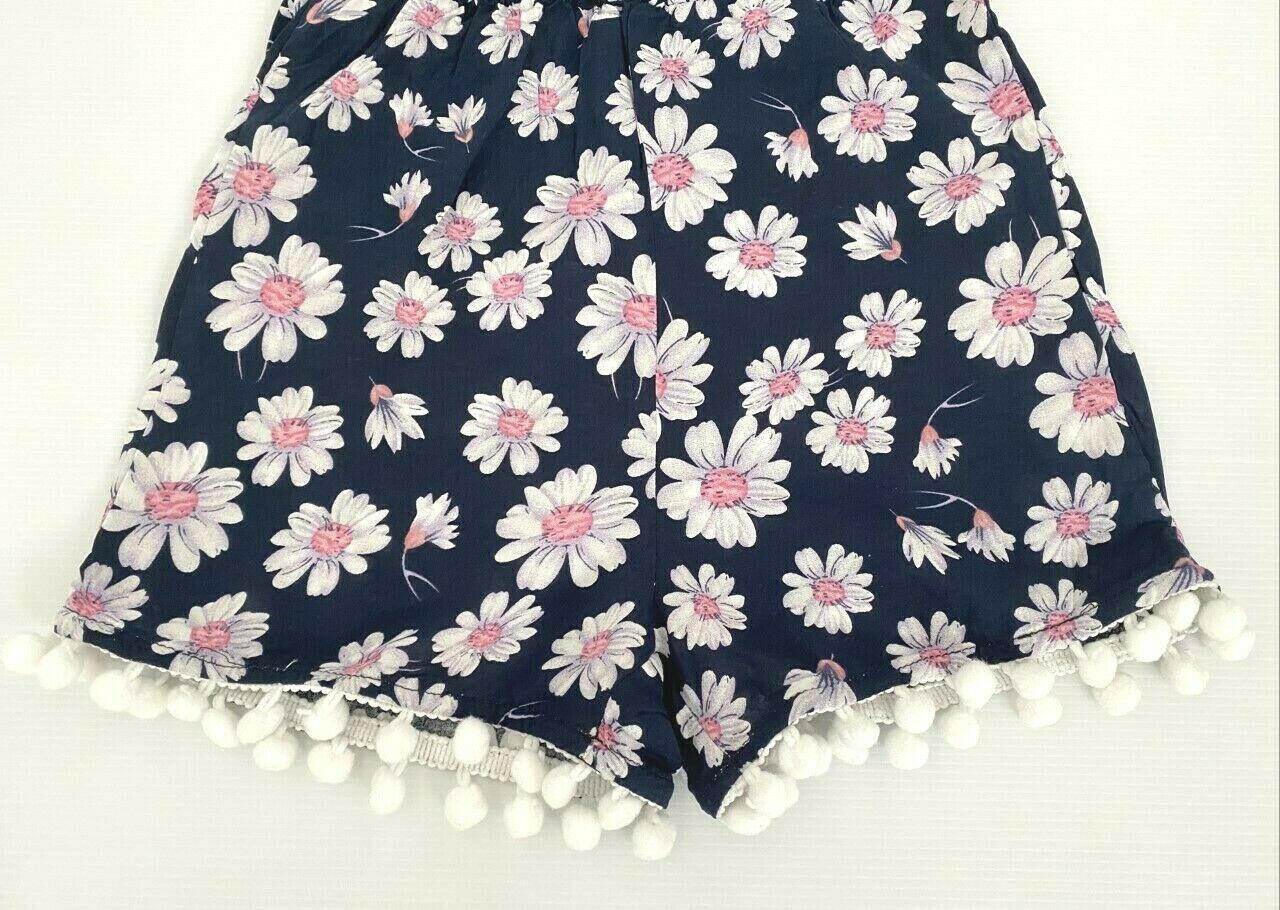 size 3/4/6/8y girls navy blue white pink floral pom pom playsuit & headband set - MARIGOLD 
