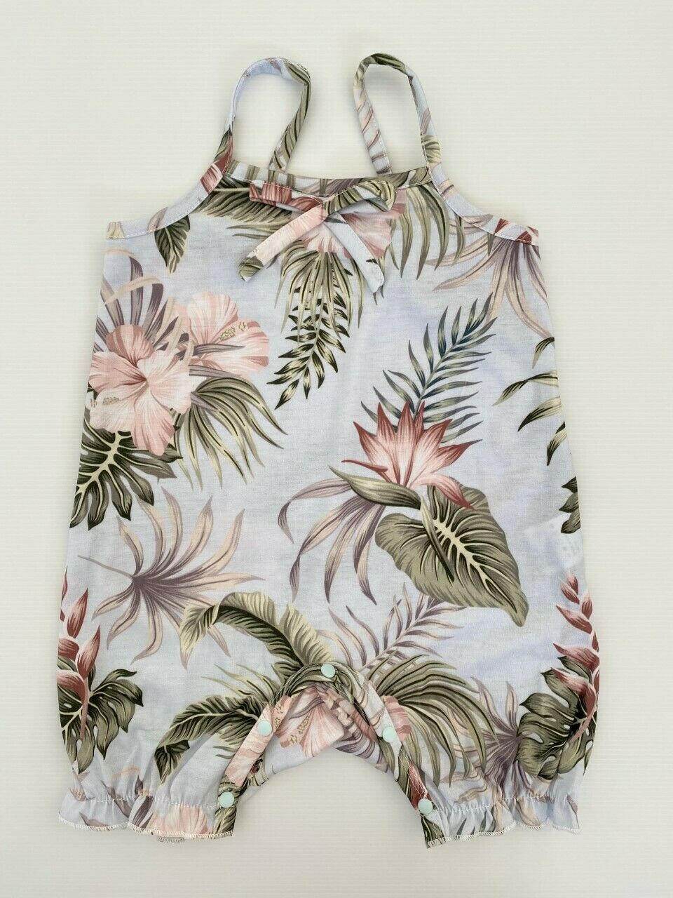 size 3-6m to 12-18 months new light blue green palm tropical flower print romper - MARIGOLD 