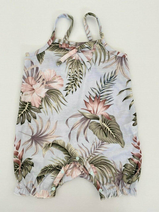 size 3-6m to 12-18 months new light blue green palm tropical flower print romper - MARIGOLD 