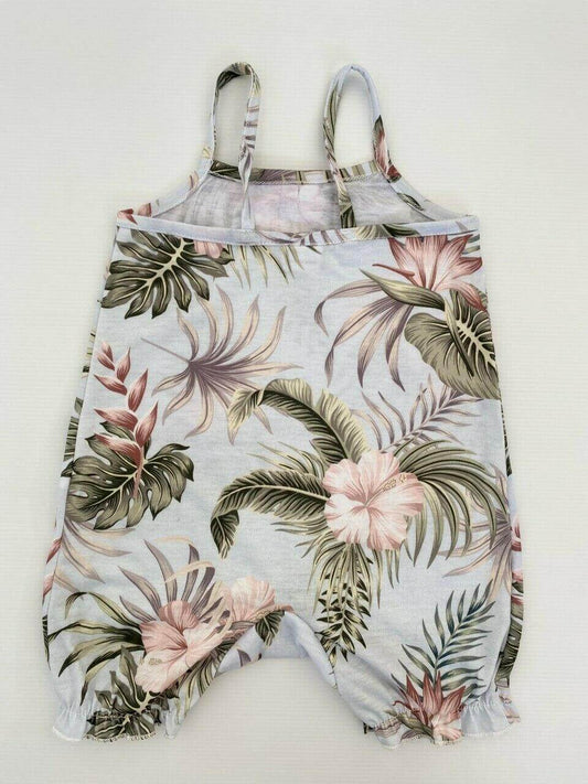 size 3-6m to 12-18 months new light blue green palm tropical flower print romper - MARIGOLD 