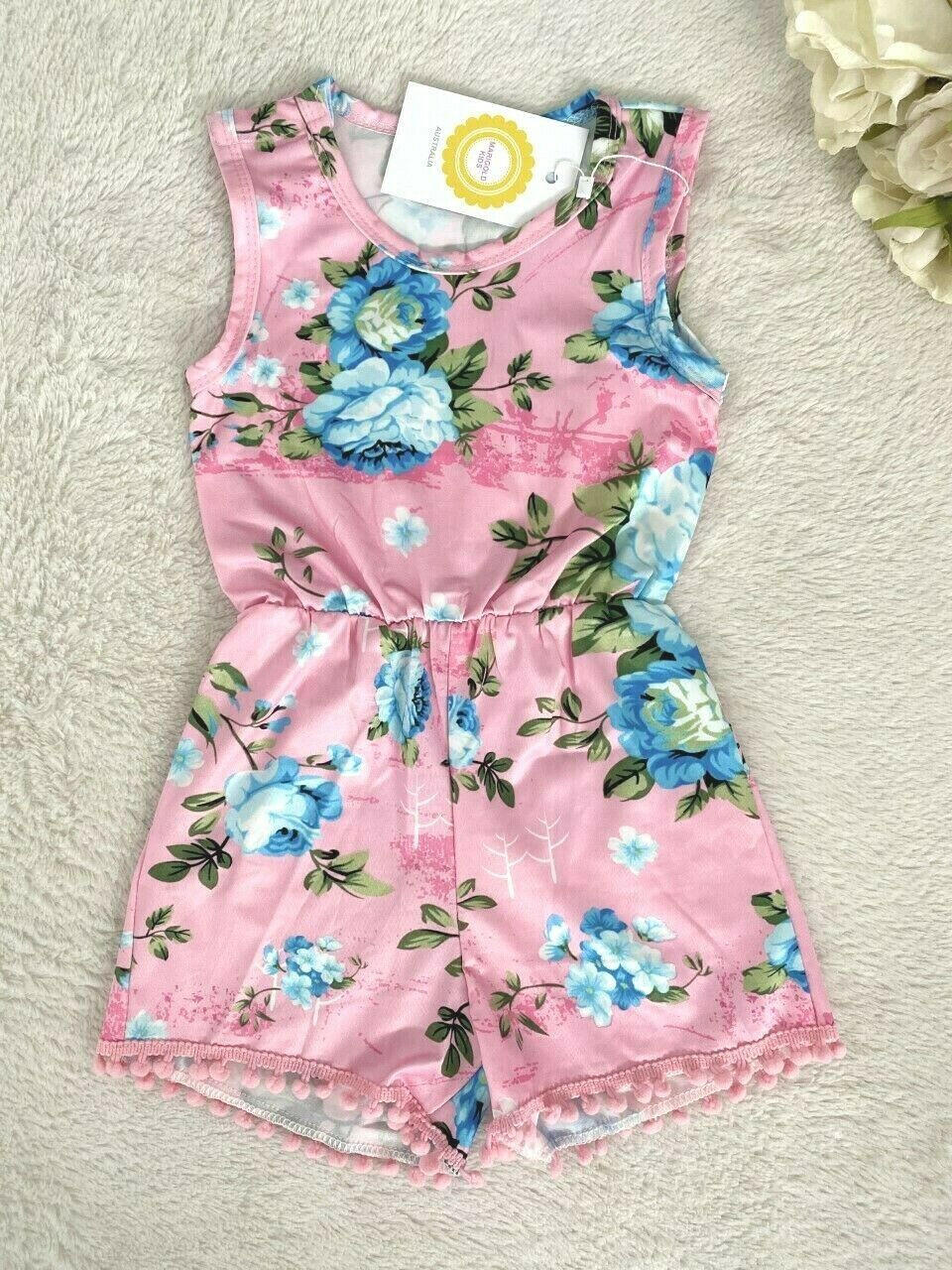 Girls Romper Size 3 to 6 years Pink/Green/Blue Floral Pom Pom Trim Playsuit - MARIGOLD 