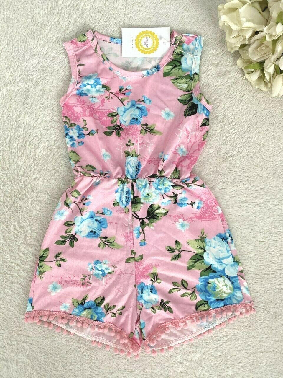 Girls Romper Size 3 to 6 years Pink/Green/Blue Floral Pom Pom Trim Playsuit - MARIGOLD 