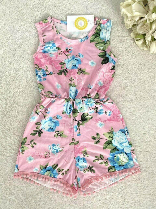 Girls Romper Size 3 to 6 years Pink/Green/Blue Floral Pom Pom Trim Playsuit - MARIGOLD 