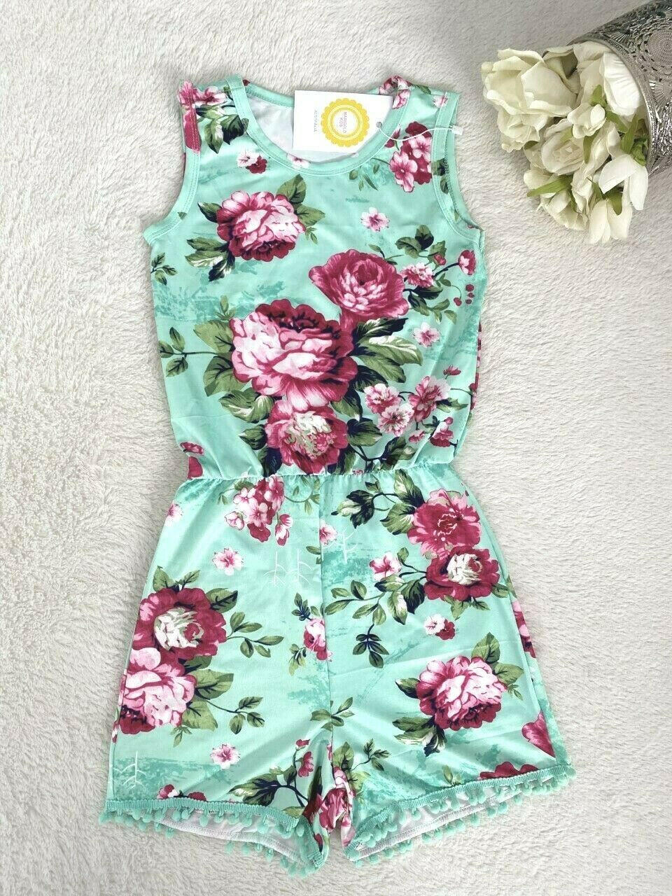 Girls Romper Size 3 to 6 years Pink/Green/Blue Floral Pom Pom Trim Playsuit - MARIGOLD 