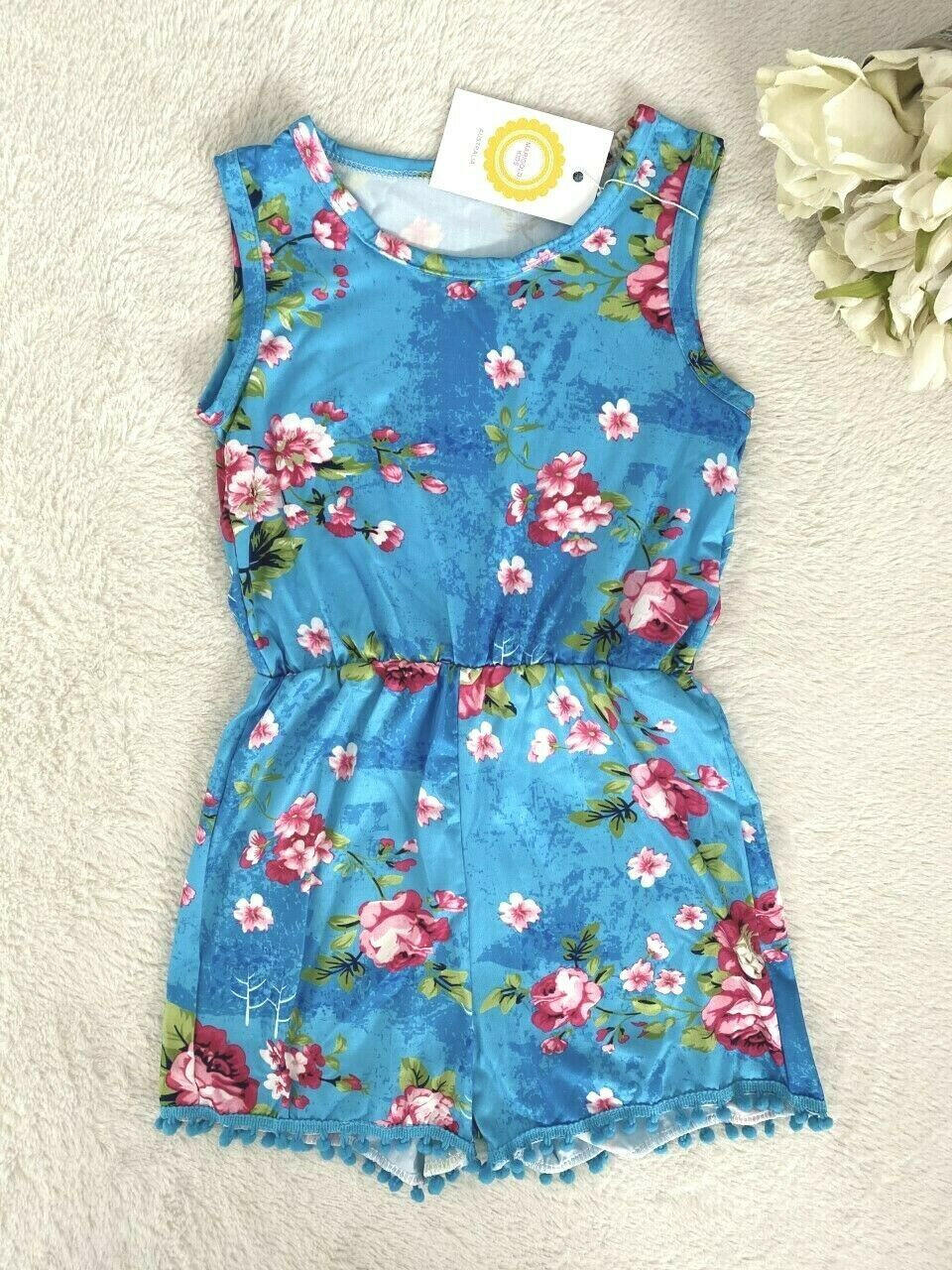Girls Romper Size 3 to 6 years Pink/Green/Blue Floral Pom Pom Trim Playsuit - MARIGOLD 
