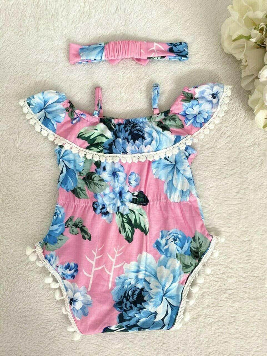 Baby Girls Clothing Size 6-9 months Pink Floral Pom Pom Trim Romper & Headband - MARIGOLD 